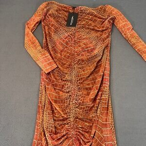 Pretty Little Thing Womens Sz 14 Midi Dress Croc Print Brown Bardot Ruched NWT